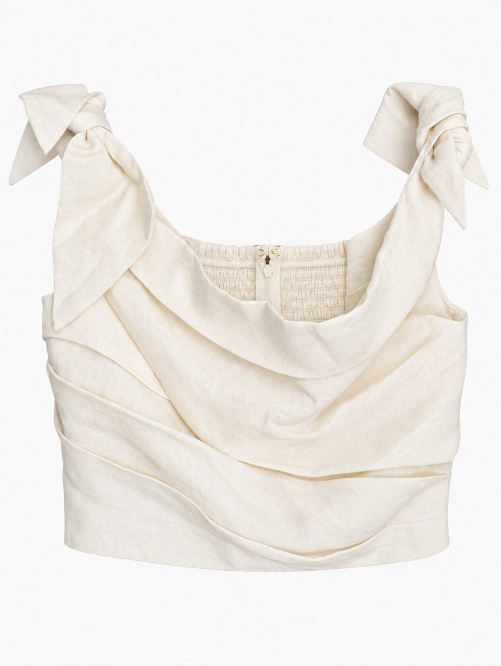 Sezane Meline Linen Top Womens US 6 Ecru Tie Shoulder Ruched NWT